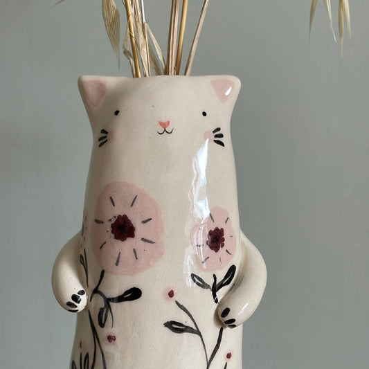 Soliflore chat aux fleurs roses en céramique vase émaillé