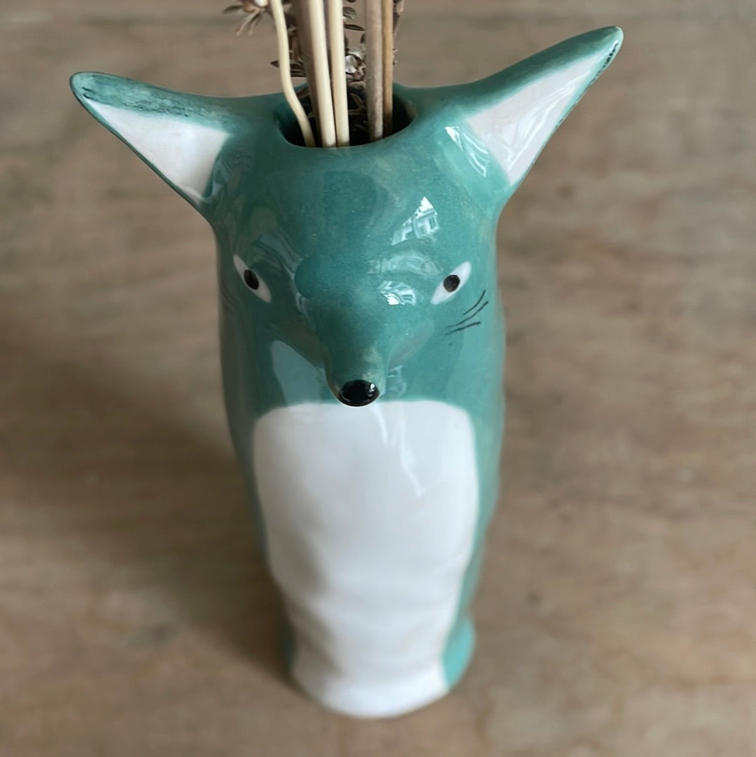 Soliflore renard bleu vert en céramique émaillé