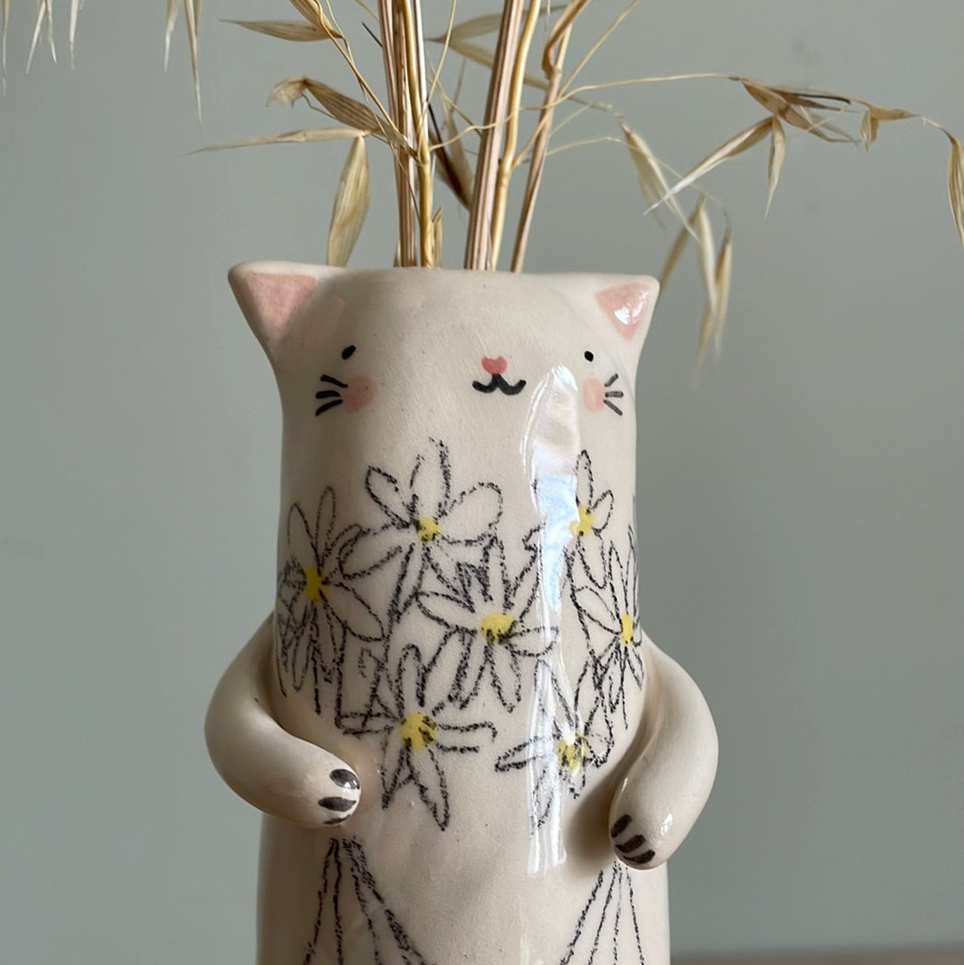 Soliflore chat aux paquerettes en céramique vase émaillé