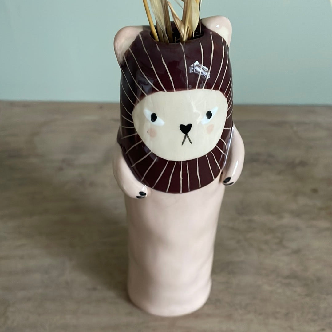 Soliflore lion rose en céramique vase émaillé