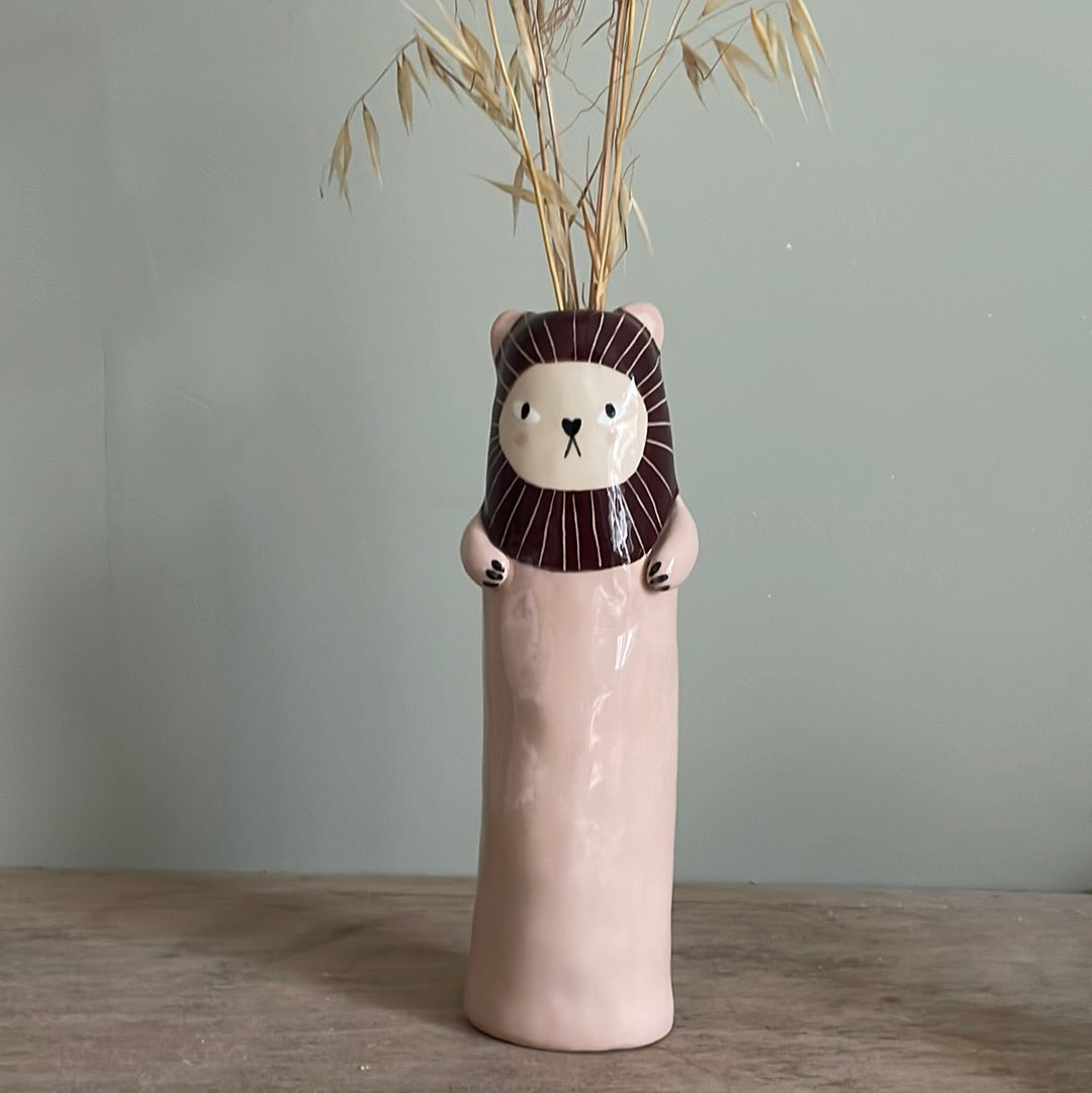 Soliflore lion rose en céramique vase émaillé