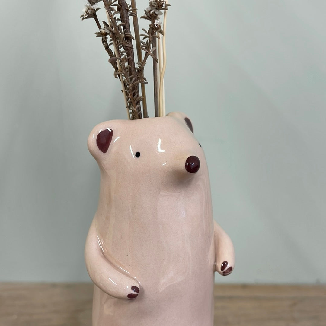 Soliflore ours rose vase en céramique émaillé
