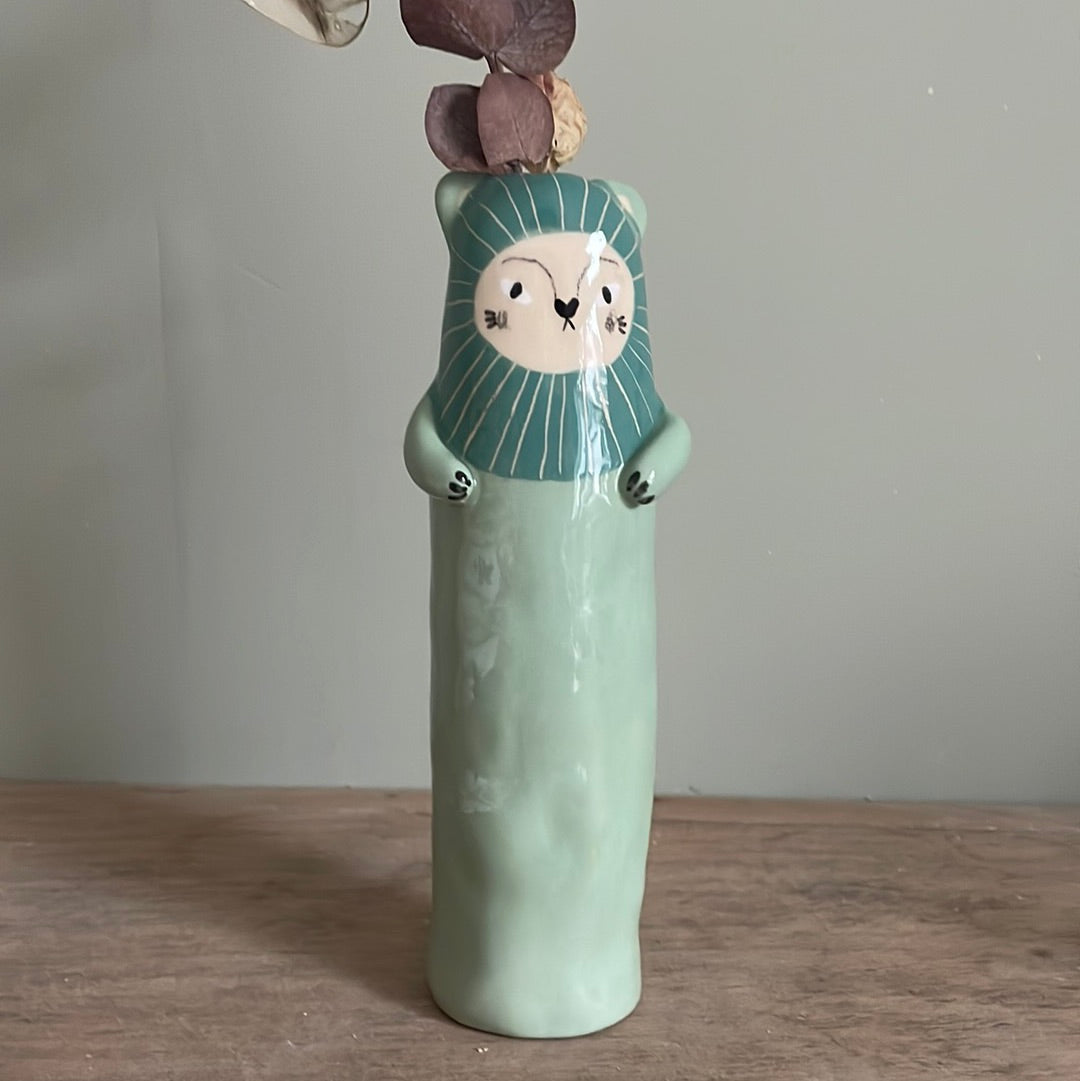 Soliflore lion en céramique vase émaillé
