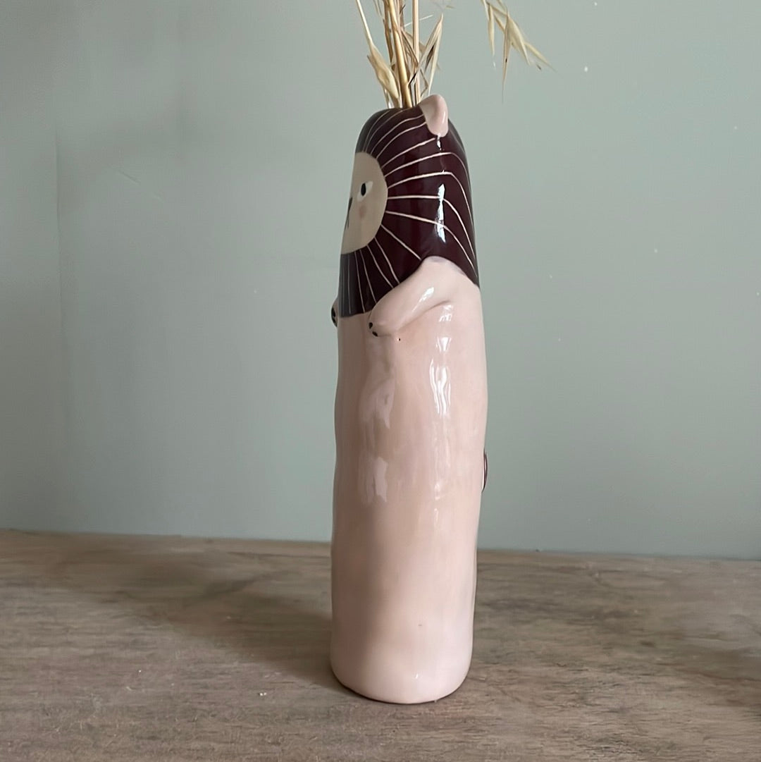 Soliflore lion rose en céramique vase émaillé