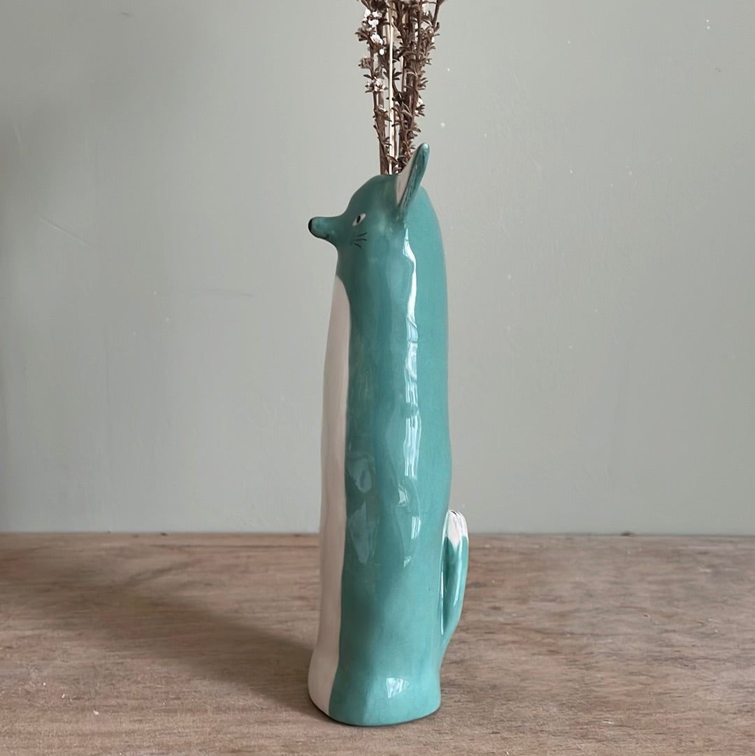 Soliflore renard bleu vert en céramique émaillé