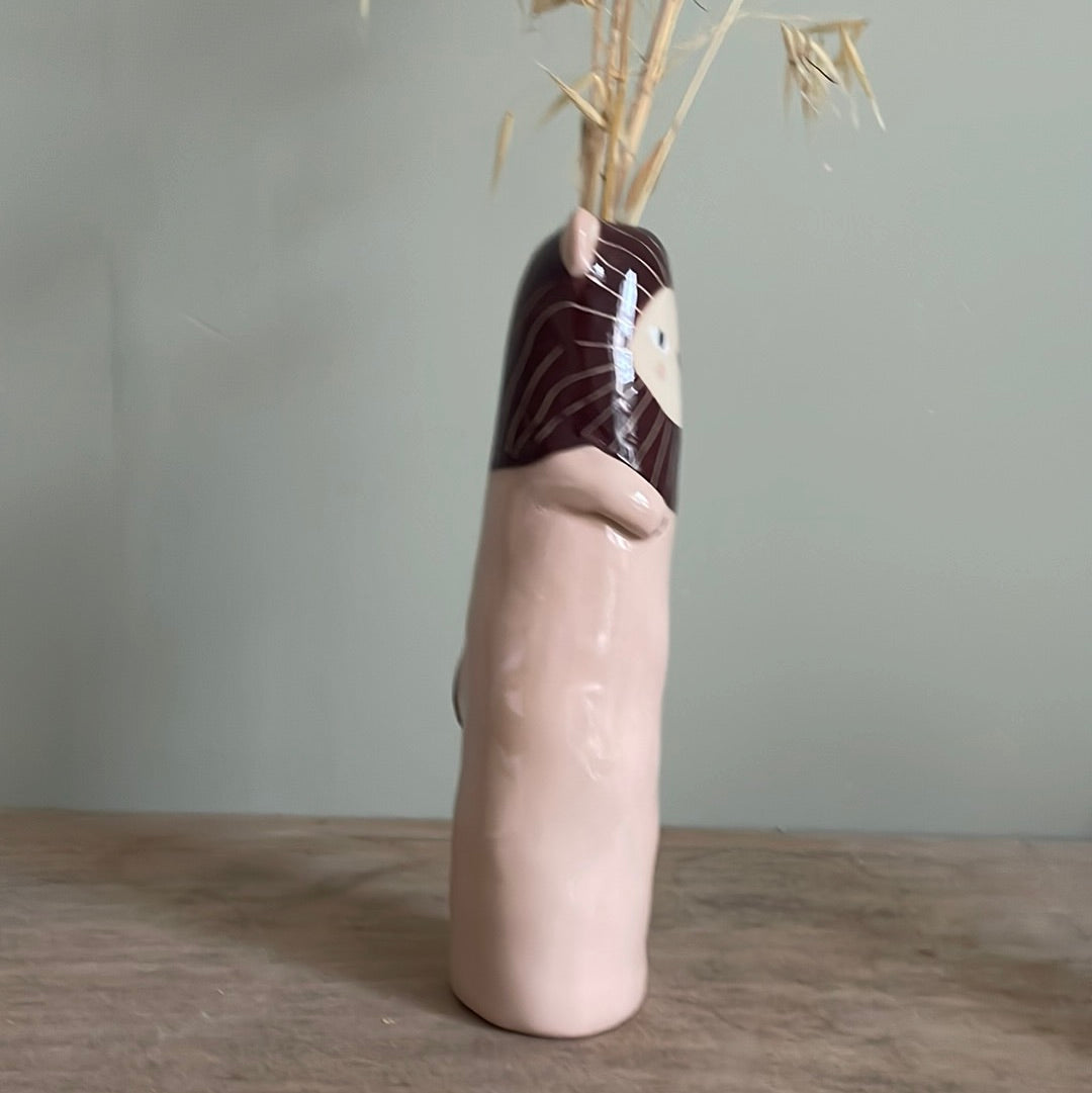 Soliflore lion rose en céramique vase émaillé