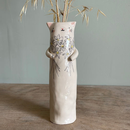 Soliflore cat with poppy in ceramic glazed vase