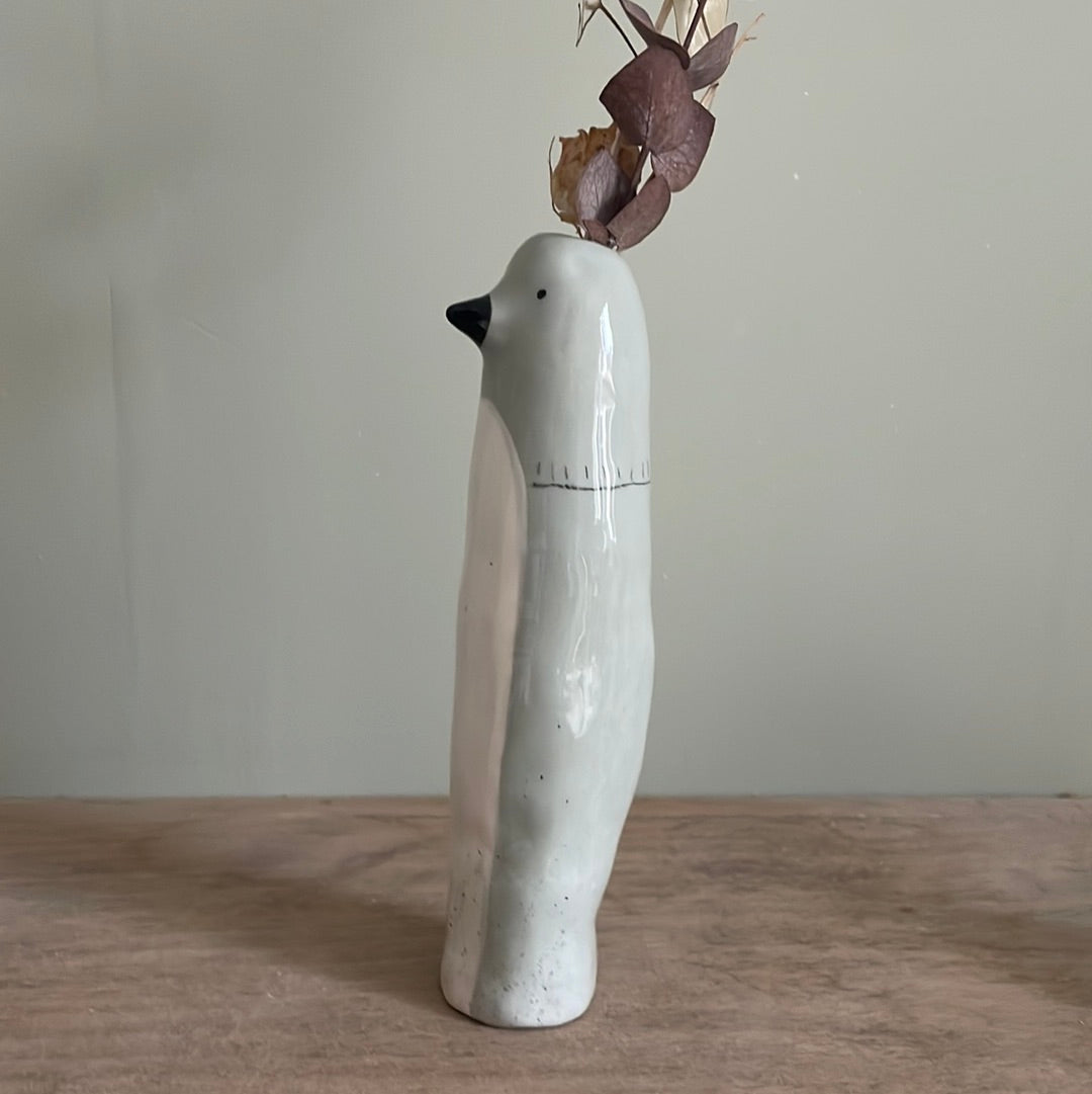 Soliflore oiseau gris bleu en céramique vase émaillé