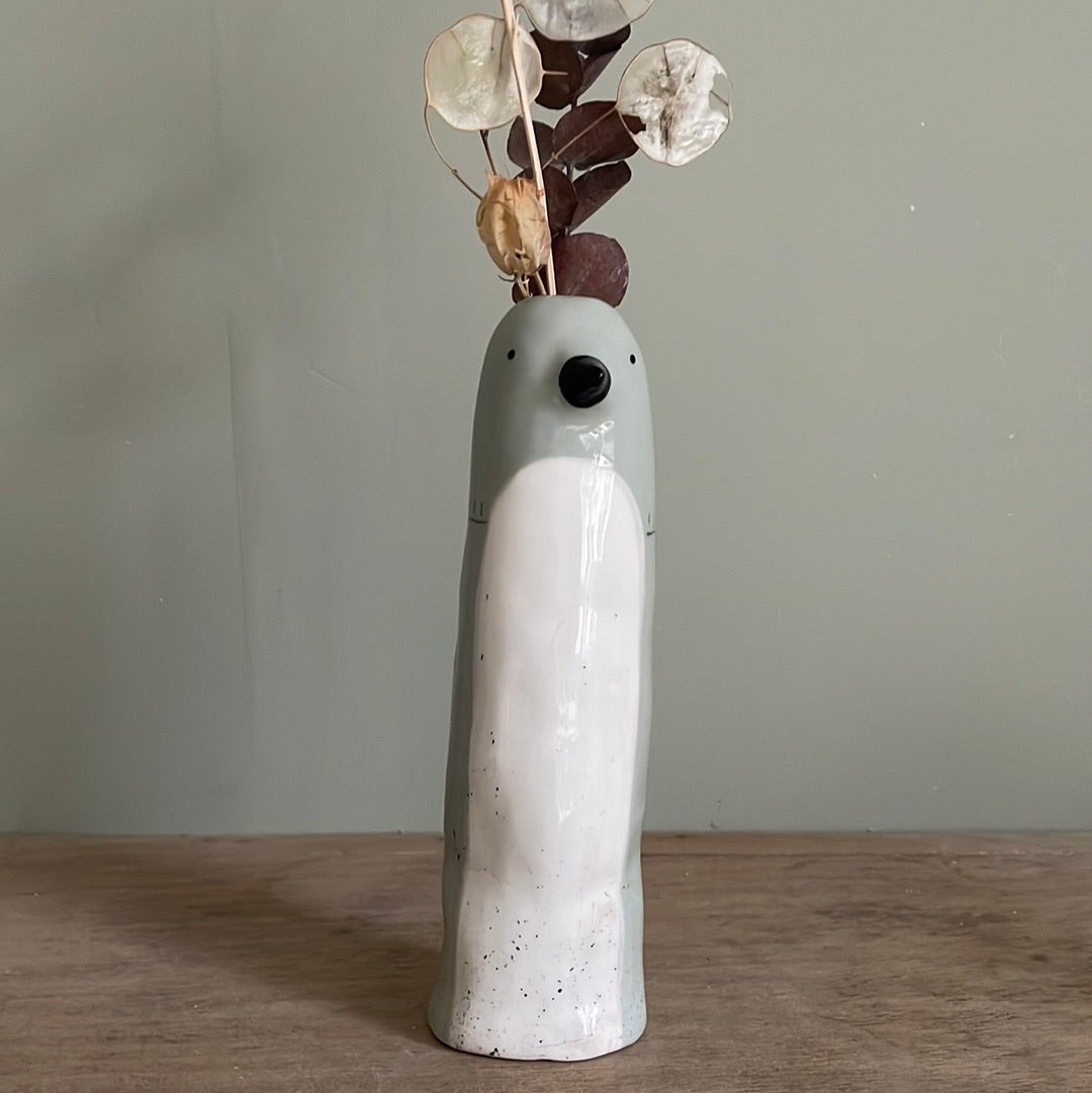 Soliflore oiseau gris bleu en céramique vase émaillé