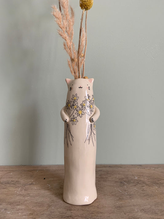 Soliflore chat aux paquerettes en céramique vase émaillé