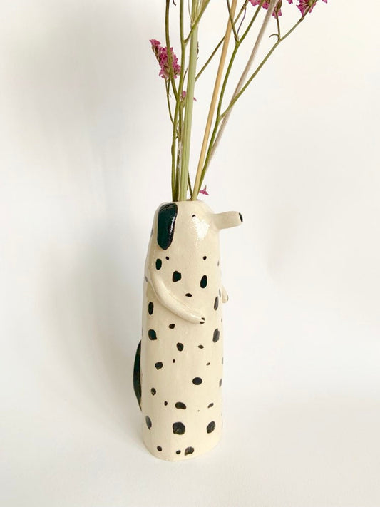 Glazed ceramic spotted dalmatian dog soliflore