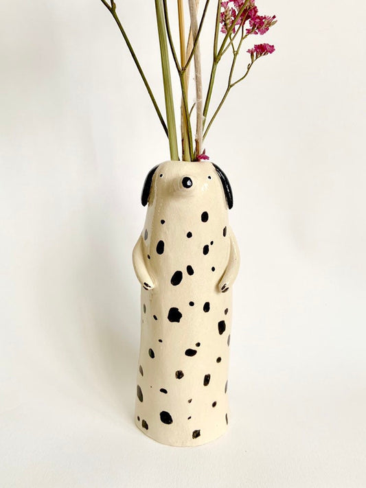 Soliflore chien dalmatien tacheté en céramique émaillé