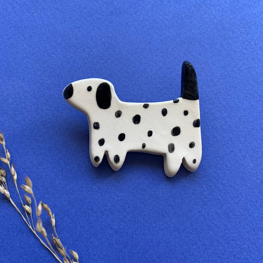 Glazed ceramic Dalmatian dog brooch