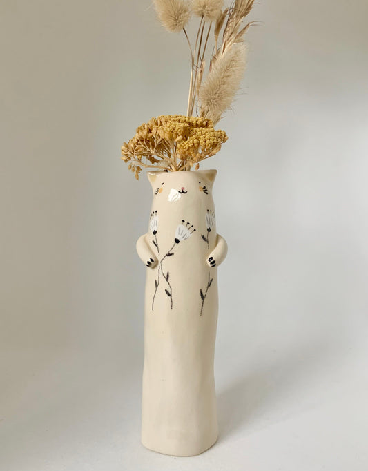 Soliflore chat aux fleurs blanches en céramique vase émaillé